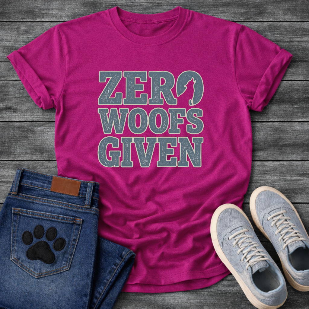 Zero woofs given bold block lettering dog shirt with stacked text design
