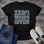 Zero woofs given bold block lettering dog shirt with stacked text design