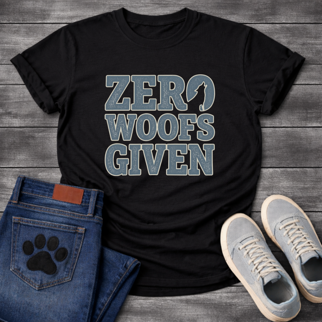 Zero woofs given bold block lettering dog shirt with stacked text design