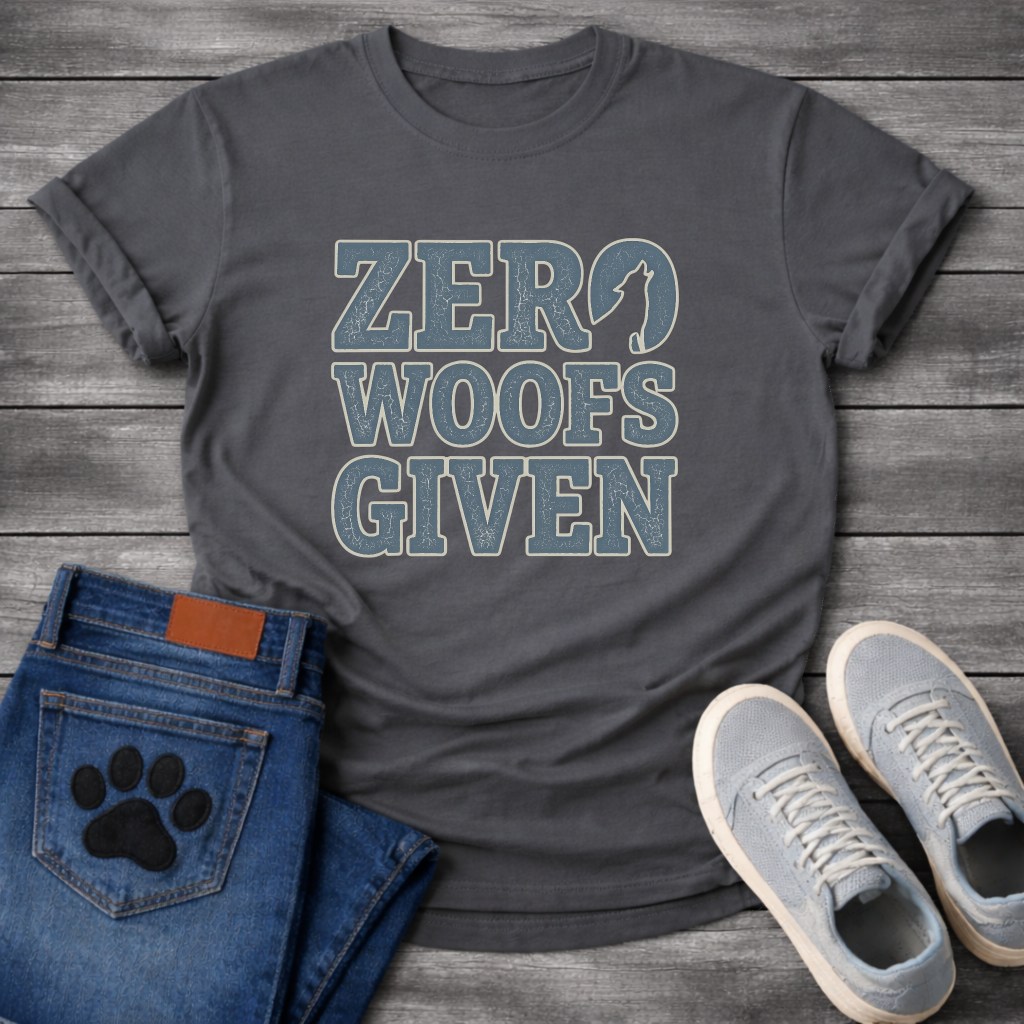 Zero woofs given bold block lettering dog shirt with stacked text design
