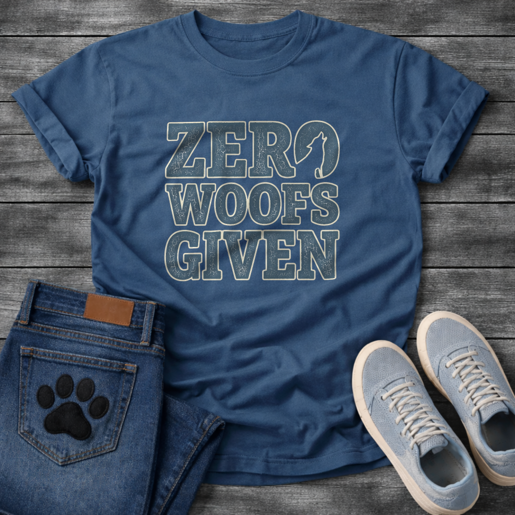 Zero woofs given bold block lettering dog shirt with stacked text design