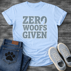 Zero woofs given bold block lettering dog shirt with stacked text design