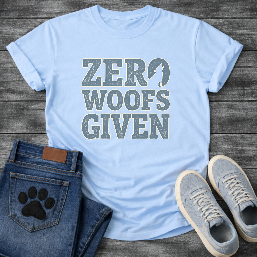 Zero woofs given bold block lettering dog shirt with stacked text design