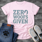 Zero woofs given bold block lettering dog shirt with stacked text design