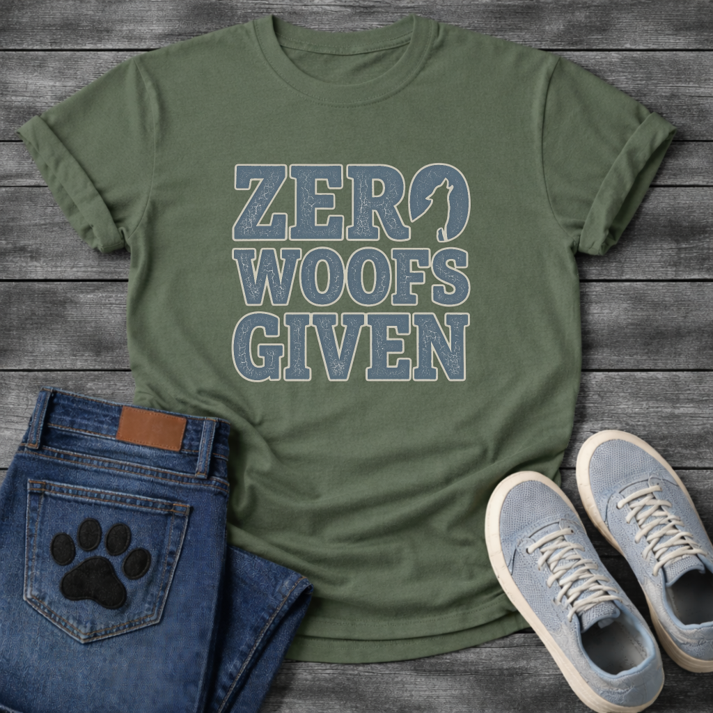 Zero woofs given bold block lettering dog shirt with stacked text design