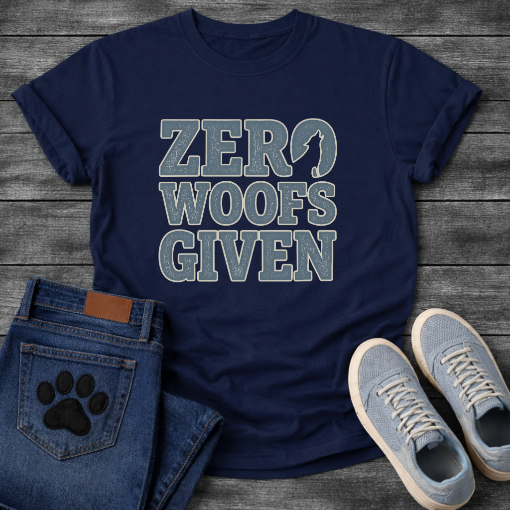 Zero woofs given bold block lettering dog shirt with stacked text design