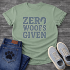 Zero woofs given bold block lettering dog shirt with stacked text design