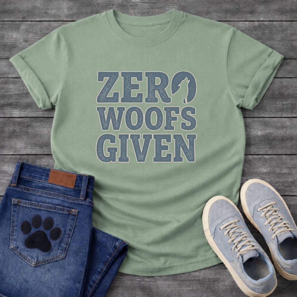 Zero woofs given bold block lettering dog shirt with stacked text design
