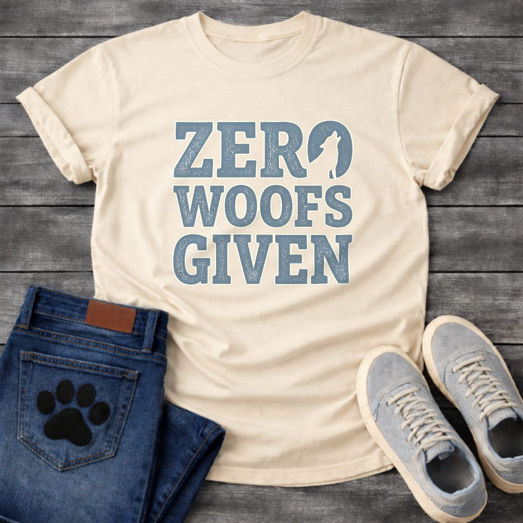 Zero woofs given bold block lettering dog shirt with stacked text design