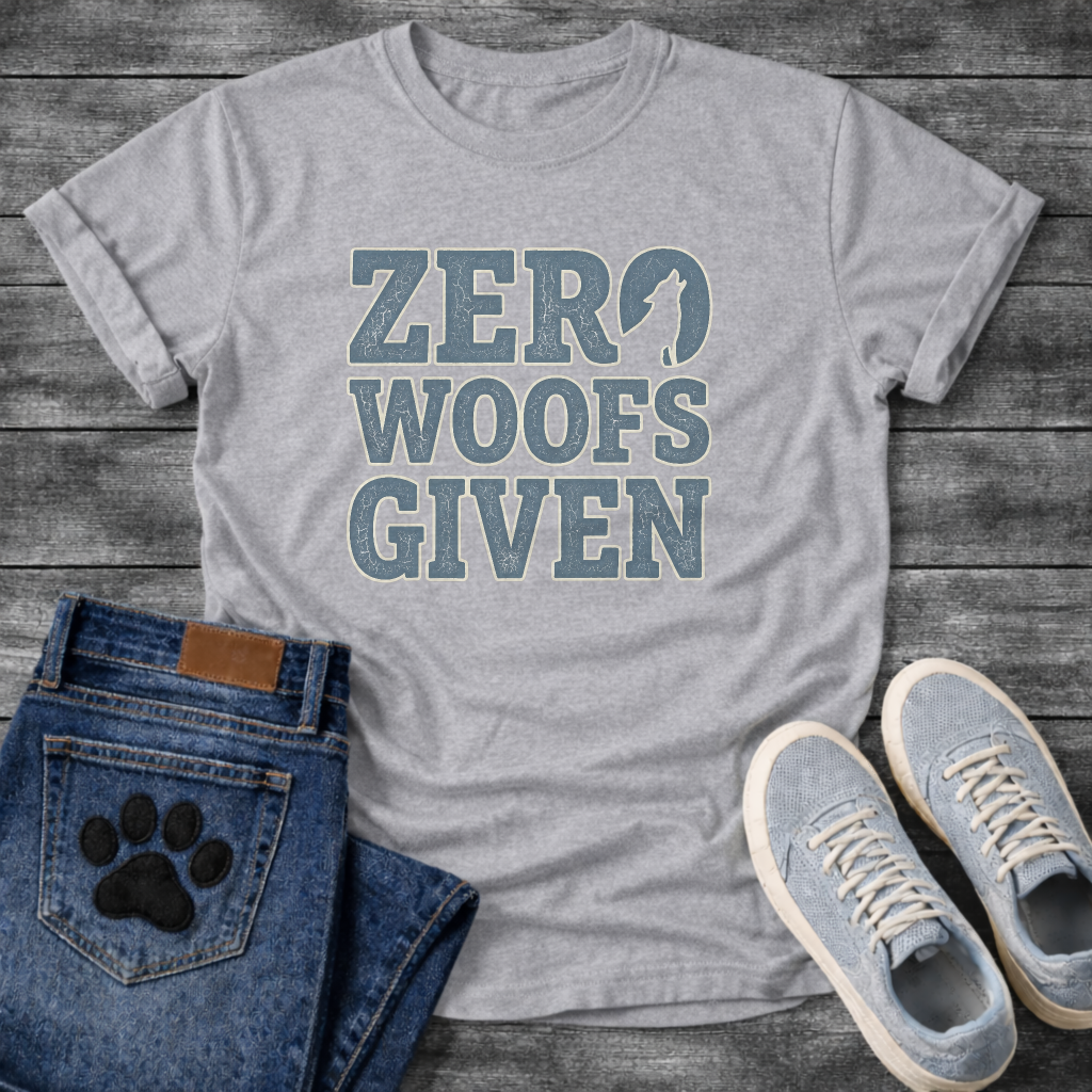 Zero woofs given bold block lettering dog shirt with stacked text design