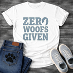 Zero woofs given bold block lettering dog shirt with stacked text design