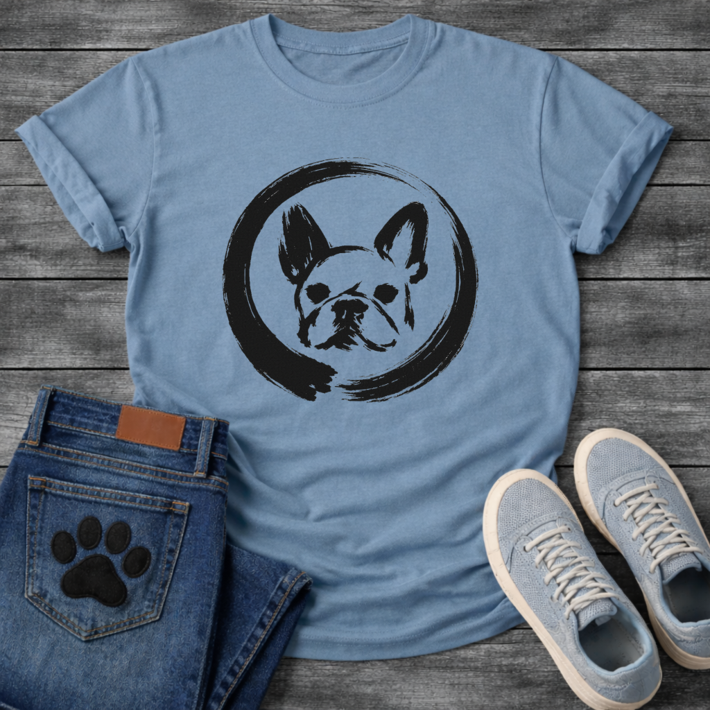 Japanese Sumi-e enso French Bulldog t-shirt - black ink brush art Frenchie portrait in enso circle on natural tee