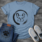 Japanese Sumi-e enso French Bulldog t-shirt - black ink brush art Frenchie portrait in enso circle on natural tee