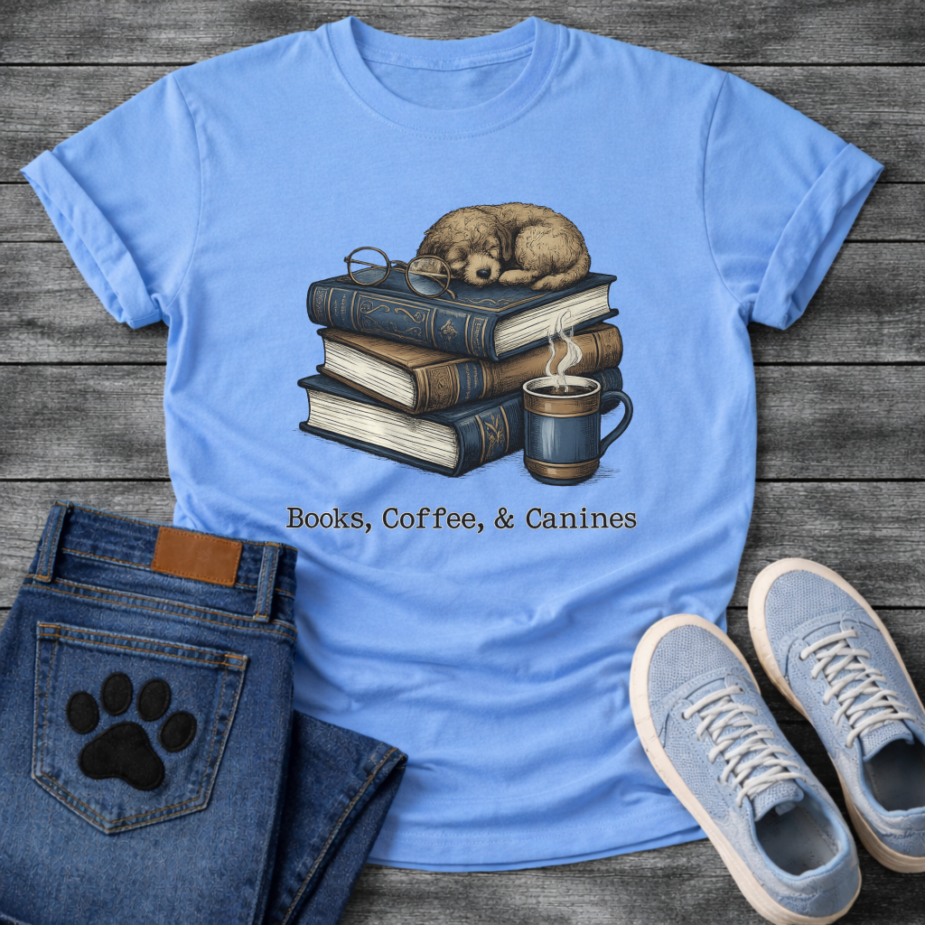 Books coffee and canines dog shirt for reading loving pet parents
