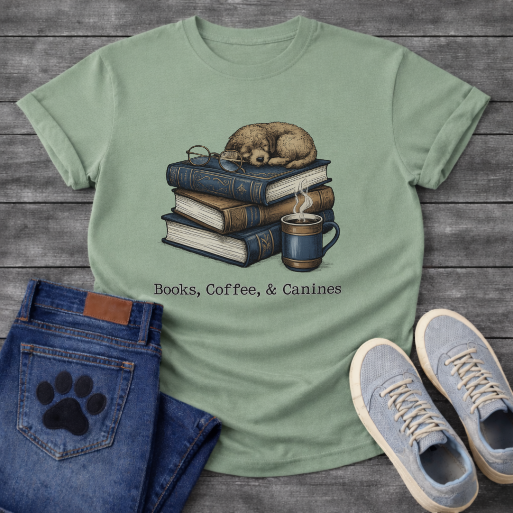 Books coffee and canines dog shirt for reading loving pet parents