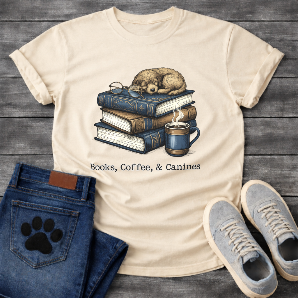 Books coffee and canines dog shirt for reading loving pet parents