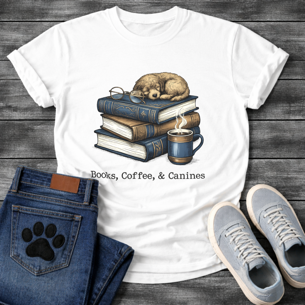Books coffee and canines dog shirt for reading loving pet parents