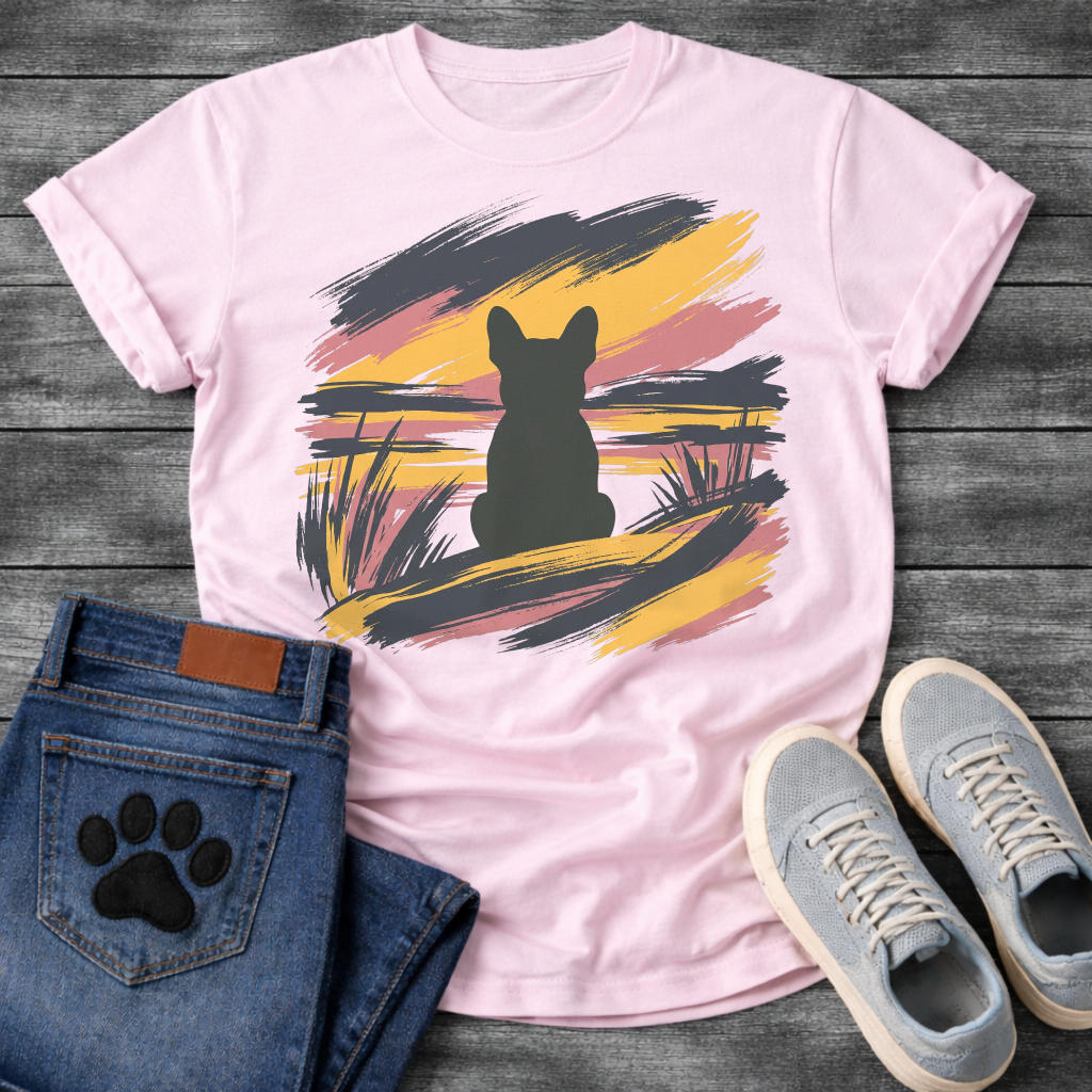 French Bulldog t-shirt with bold Frenchie silhouette seen from behind centered in an abstract brushstroke landscape, sweeping strokes of navy gold and dusty rose with grass detail, no text expressive painterly graphic