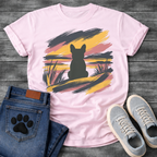 French Bulldog t-shirt with bold Frenchie silhouette seen from behind centered in an abstract brushstroke landscape, sweeping strokes of navy gold and dusty rose with grass detail, no text expressive painterly graphic
