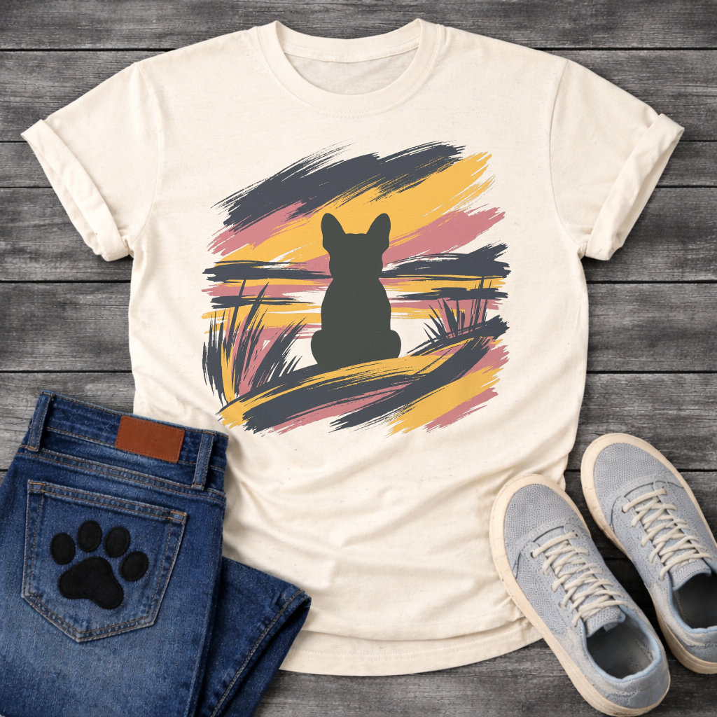 French Bulldog t-shirt with bold Frenchie silhouette seen from behind centered in an abstract brushstroke landscape, sweeping strokes of navy gold and dusty rose with grass detail, no text expressive painterly graphic