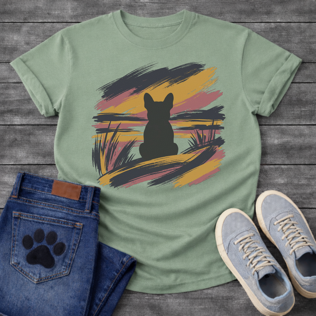 French Bulldog t-shirt with bold Frenchie silhouette seen from behind centered in an abstract brushstroke landscape, sweeping strokes of navy gold and dusty rose with grass detail, no text expressive painterly graphic