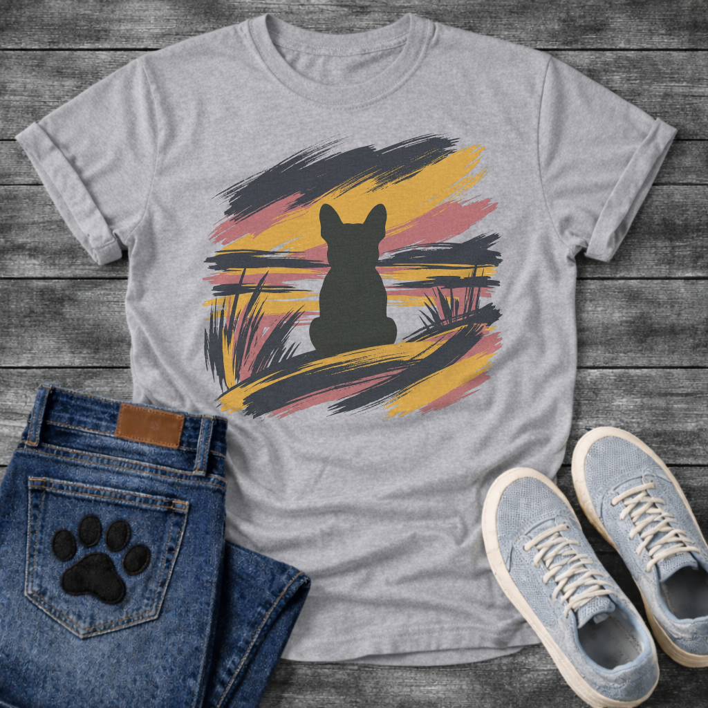 French Bulldog t-shirt with bold Frenchie silhouette seen from behind centered in an abstract brushstroke landscape, sweeping strokes of navy gold and dusty rose with grass detail, no text expressive painterly graphic
