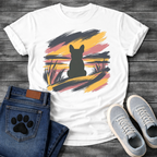French Bulldog t-shirt with bold Frenchie silhouette seen from behind centered in an abstract brushstroke landscape, sweeping strokes of navy gold and dusty rose with grass detail, no text expressive painterly graphic