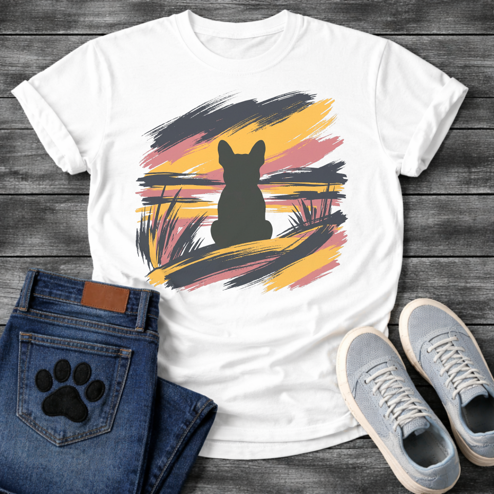 French Bulldog t-shirt with bold Frenchie silhouette seen from behind centered in an abstract brushstroke landscape, sweeping strokes of navy gold and dusty rose with grass detail, no text expressive painterly graphic