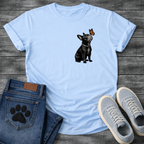 French Bulldog sitting with monarch butterfly on nose detailed illustration pocket graphic tee