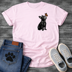 French Bulldog sitting with monarch butterfly on nose detailed illustration pocket graphic tee