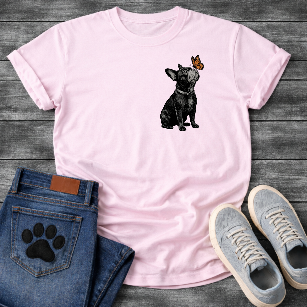 French Bulldog sitting with monarch butterfly on nose detailed illustration pocket graphic tee
