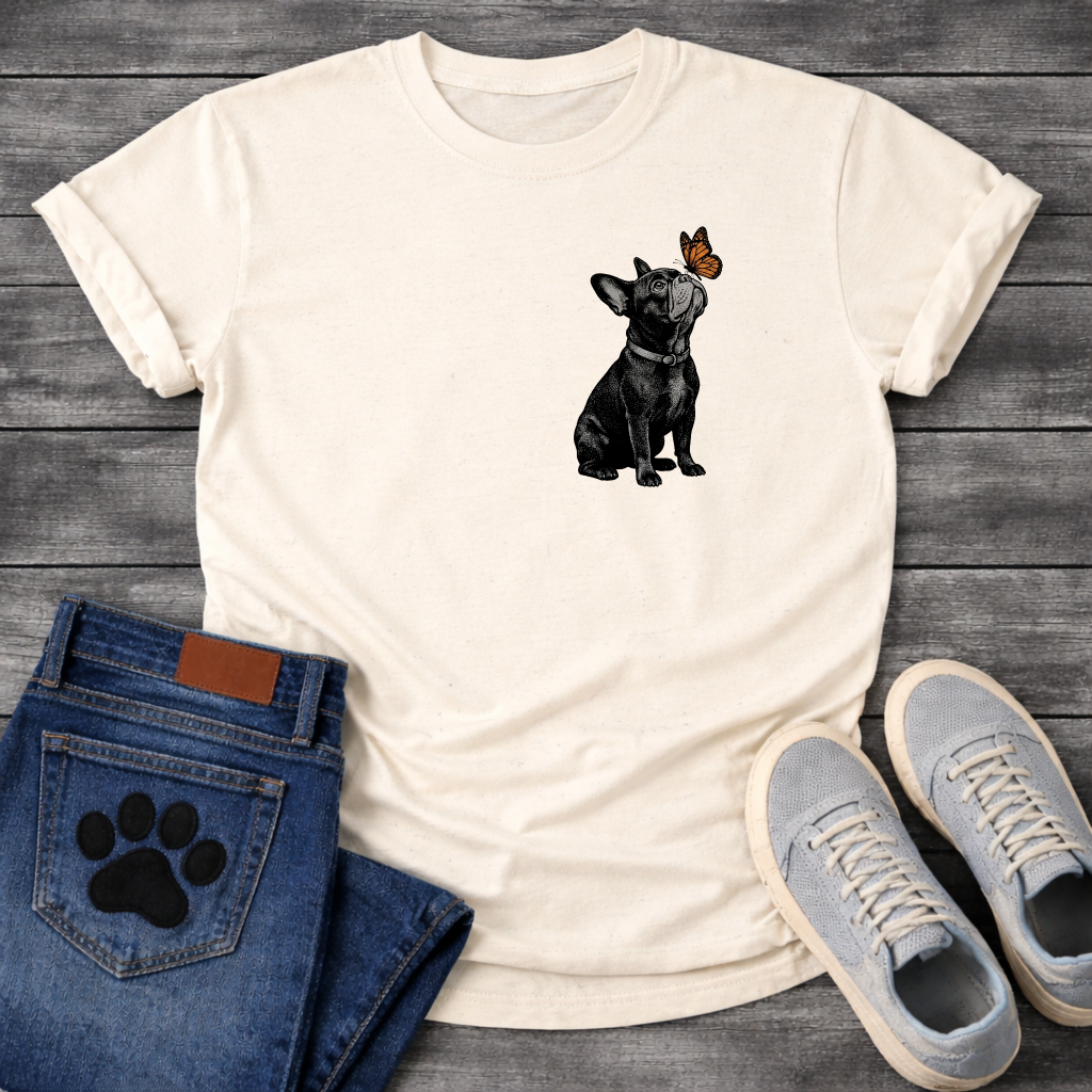 French Bulldog sitting with monarch butterfly on nose detailed illustration pocket graphic tee