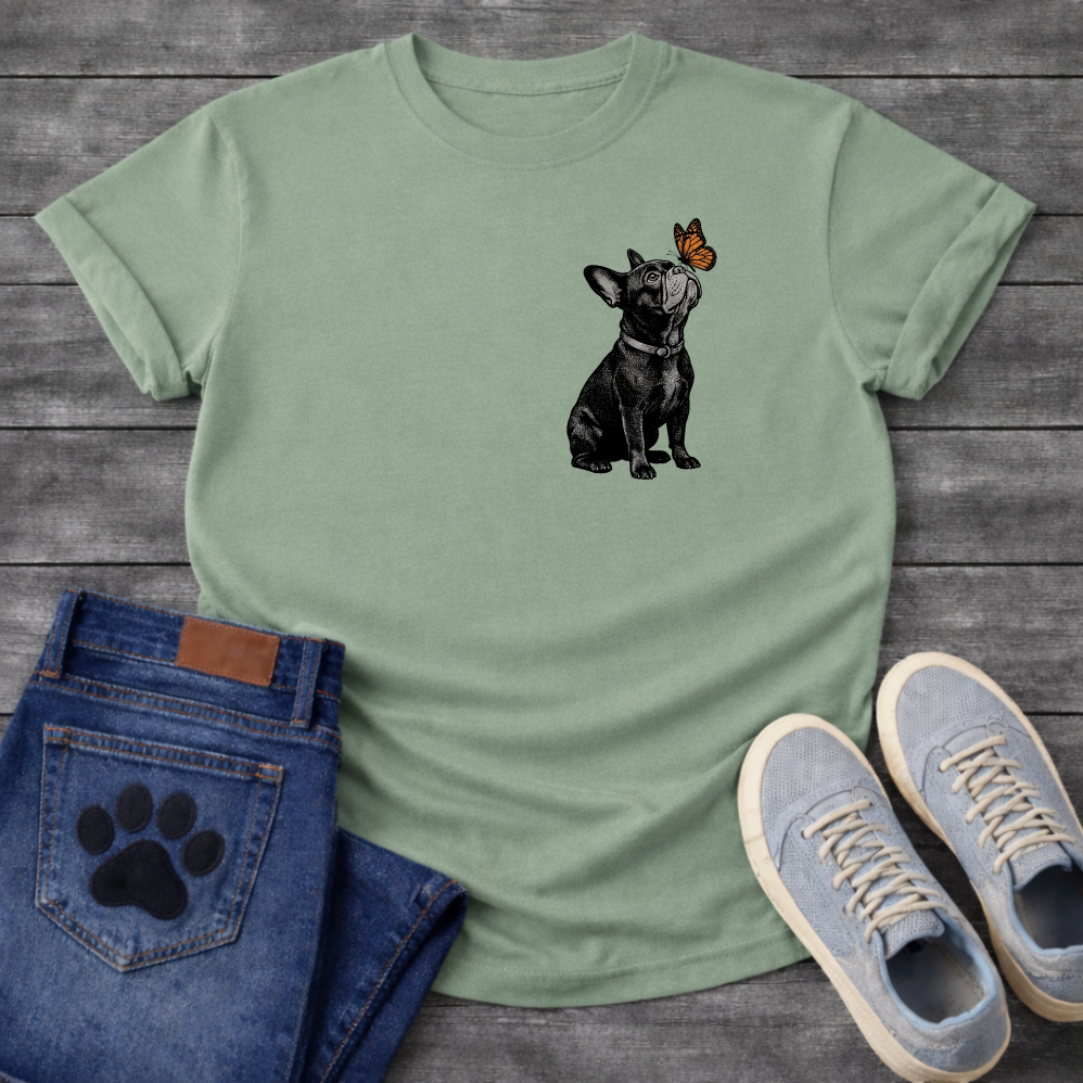 French Bulldog sitting with monarch butterfly on nose detailed illustration pocket graphic tee