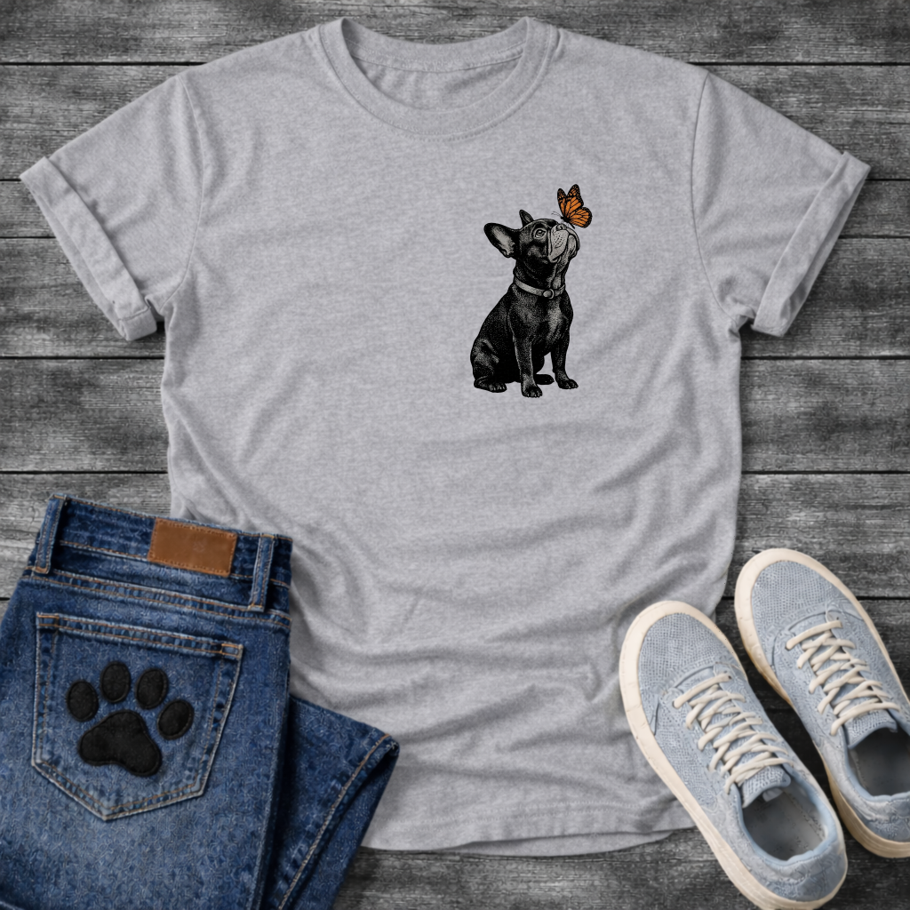 French Bulldog sitting with monarch butterfly on nose detailed illustration pocket graphic tee