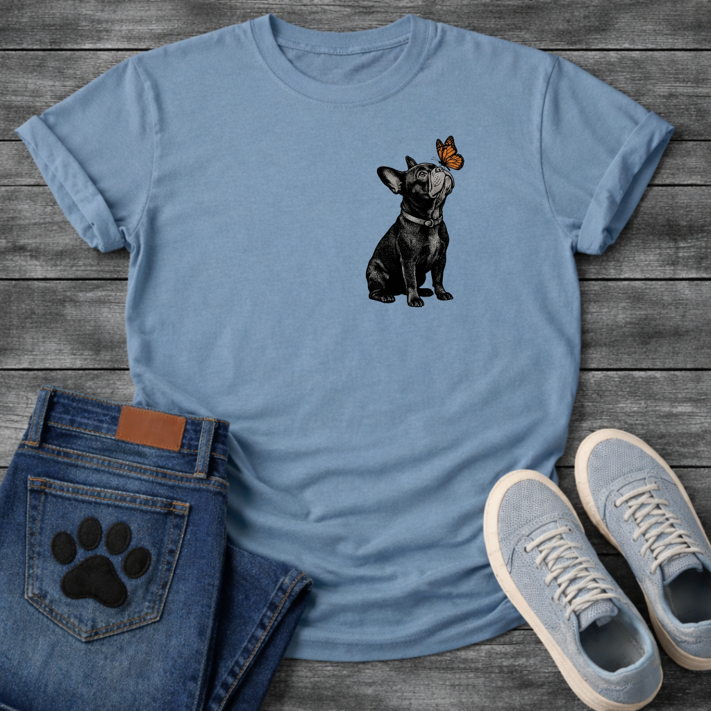French Bulldog sitting with monarch butterfly on nose detailed illustration pocket graphic tee