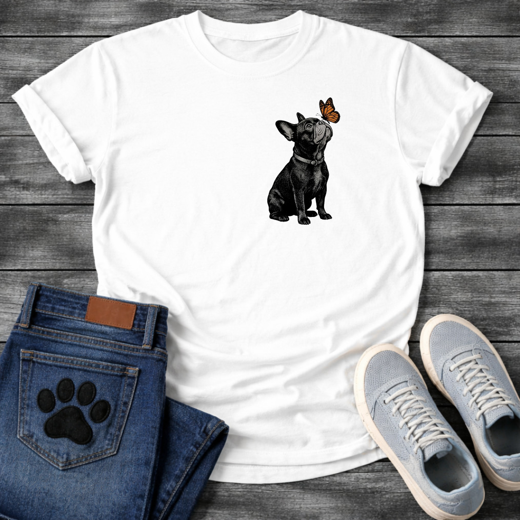 French Bulldog sitting with monarch butterfly on nose detailed illustration pocket graphic tee
