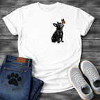 French Bulldog sitting with monarch butterfly on nose detailed illustration pocket graphic tee