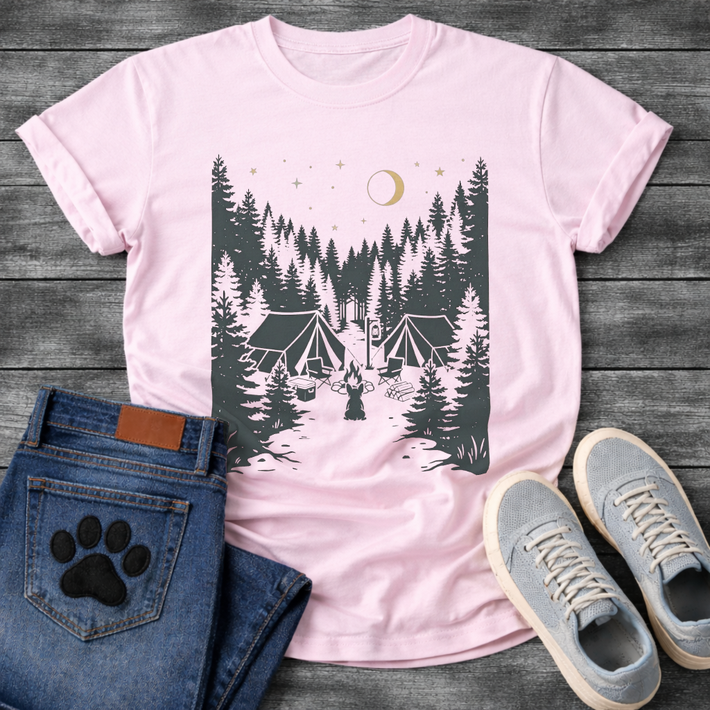 French Bulldog camping forest silhouette graphic dog shirt unisex tee