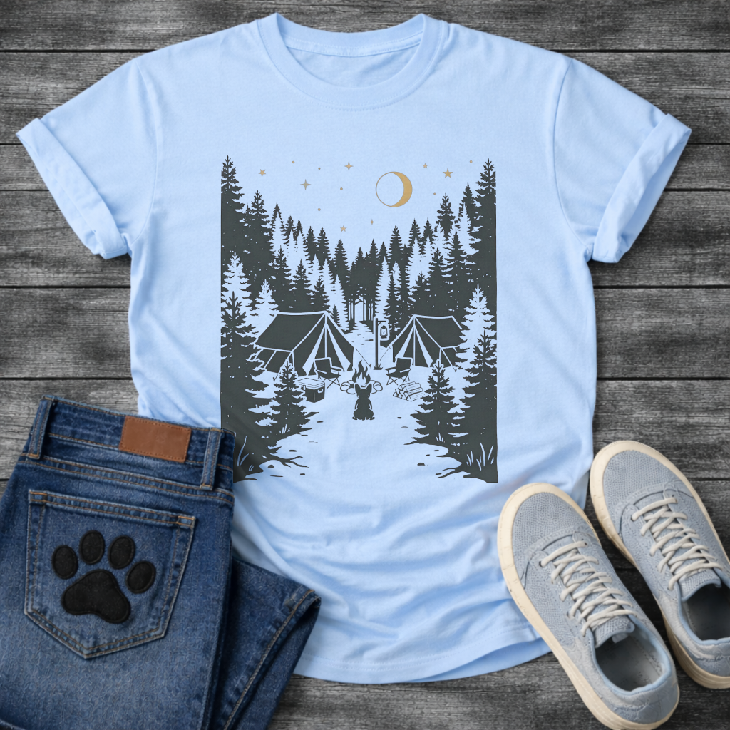 French Bulldog camping forest silhouette graphic dog shirt unisex tee