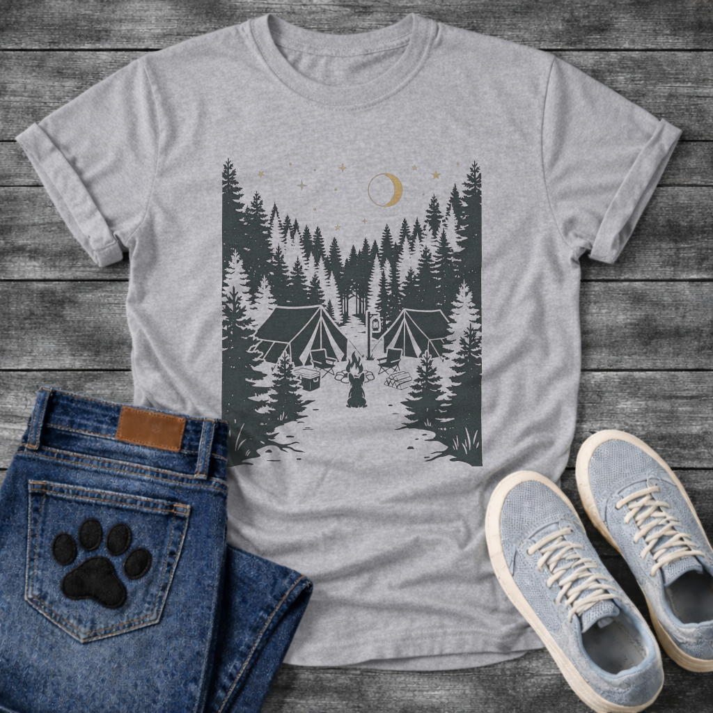 French Bulldog camping forest silhouette graphic dog shirt unisex tee