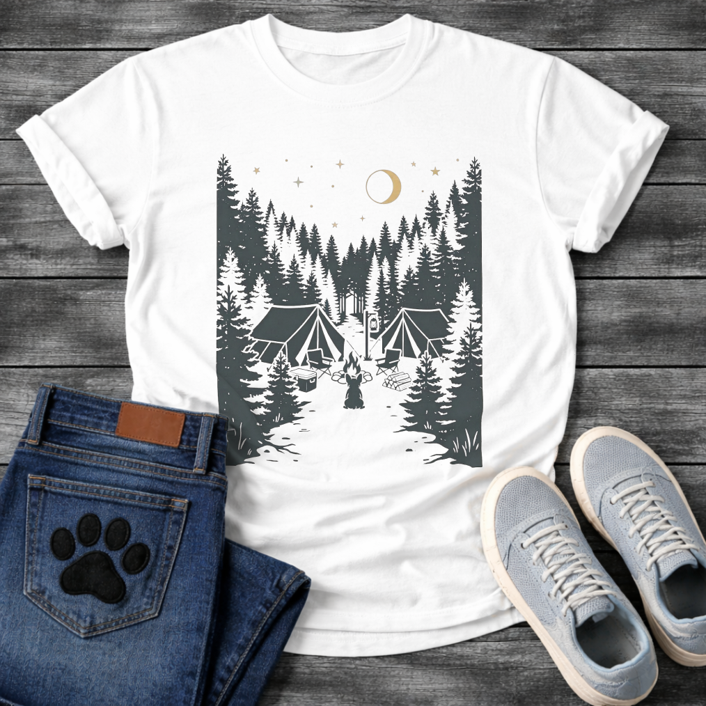 French Bulldog camping forest silhouette graphic dog shirt unisex tee