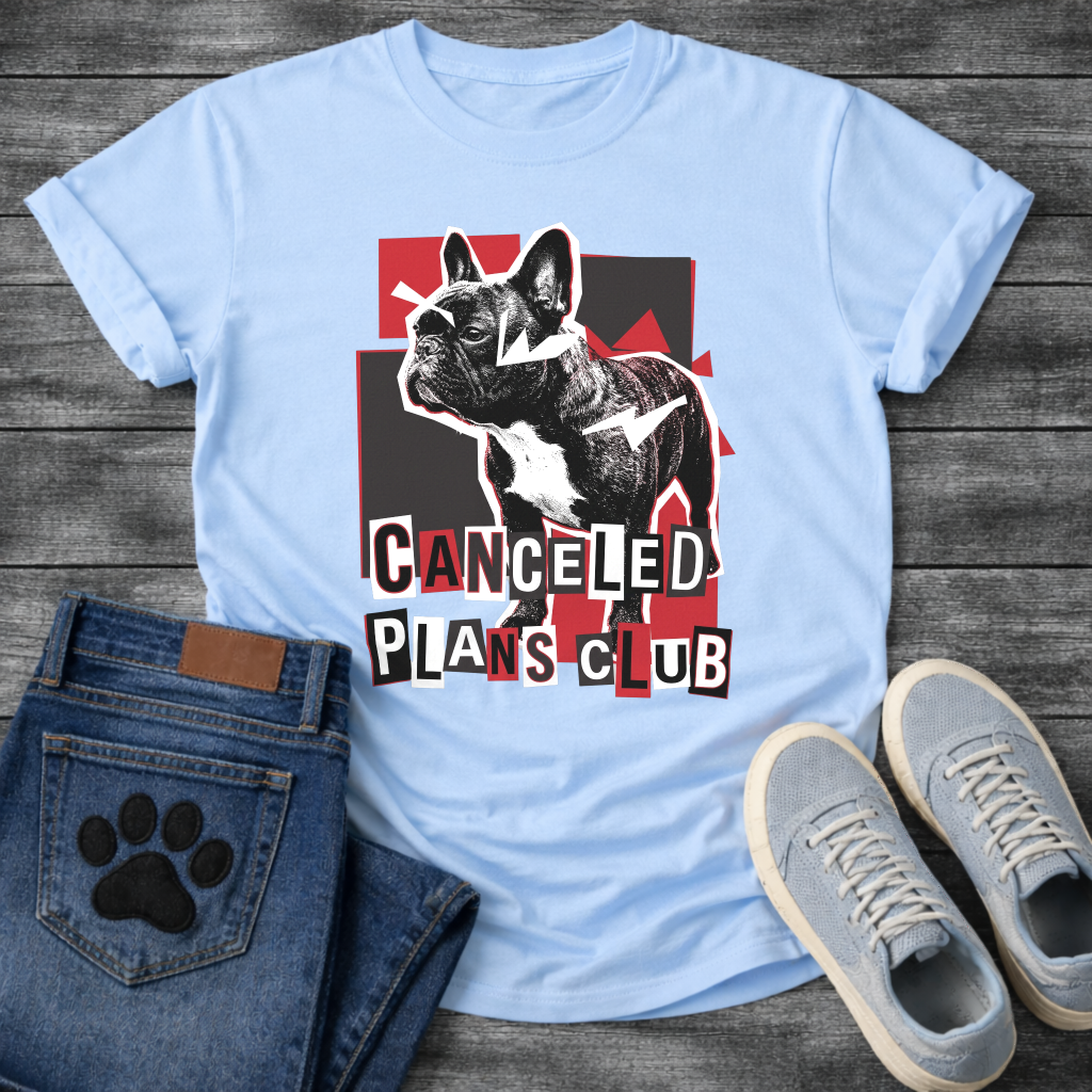 French Bulldog t-shirt with high contrast black and white Frenchie portrait over red and black geometric block background, ransom cut-out style bold text below reading Canceled Plans Club, punk collage graphic with white arrow accents