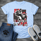 French Bulldog t-shirt with high contrast black and white Frenchie portrait over red and black geometric block background, ransom cut-out style bold text below reading Canceled Plans Club, punk collage graphic with white arrow accents