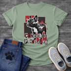 French Bulldog t-shirt with high contrast black and white Frenchie portrait over red and black geometric block background, ransom cut-out style bold text below reading Canceled Plans Club, punk collage graphic with white arrow accents