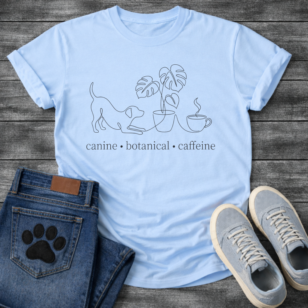 Minimalist canine botanical caffeine dog shirt with line art design for pet lovers