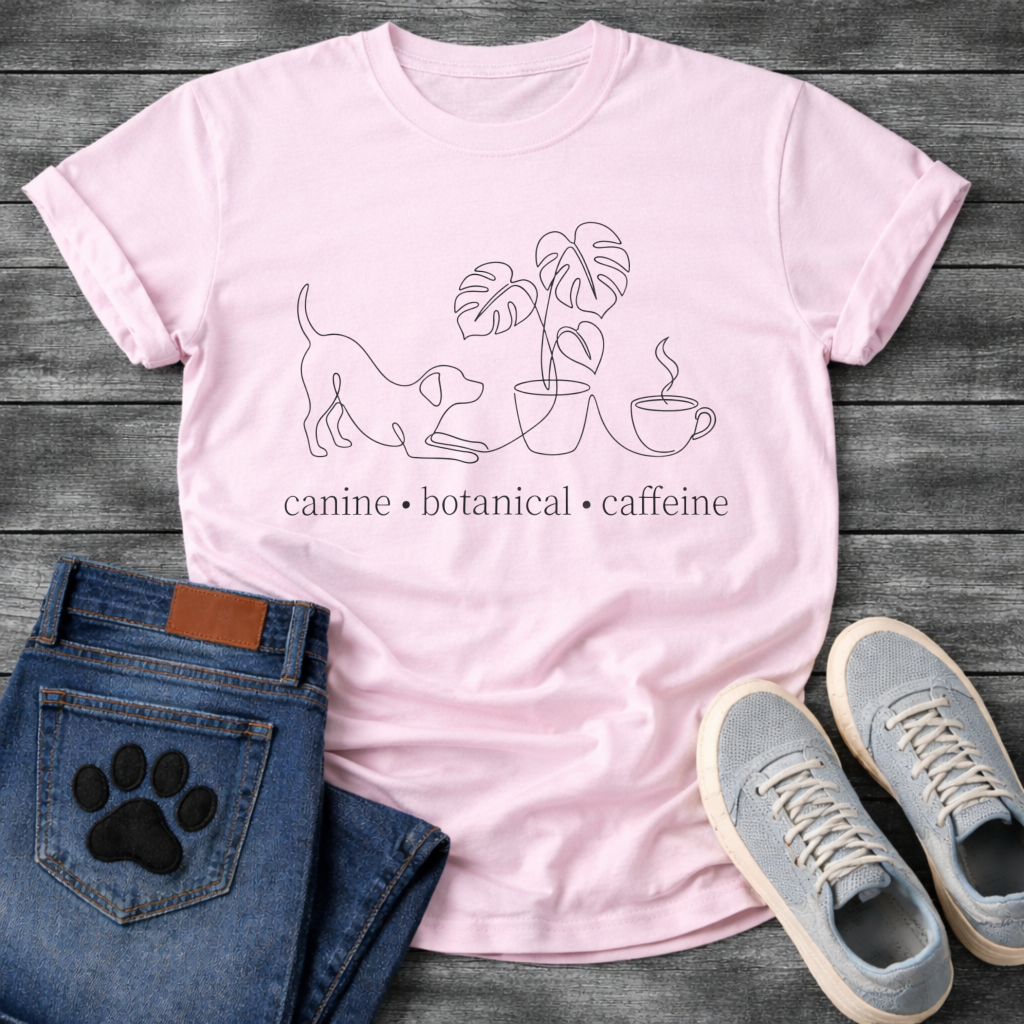 Minimalist canine botanical caffeine dog shirt with line art design for pet lovers