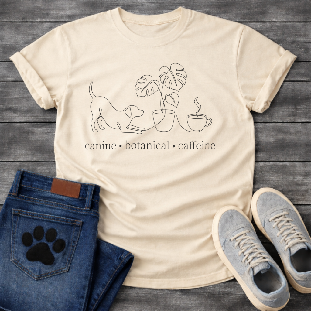Minimalist canine botanical caffeine dog shirt with line art design for pet lovers
