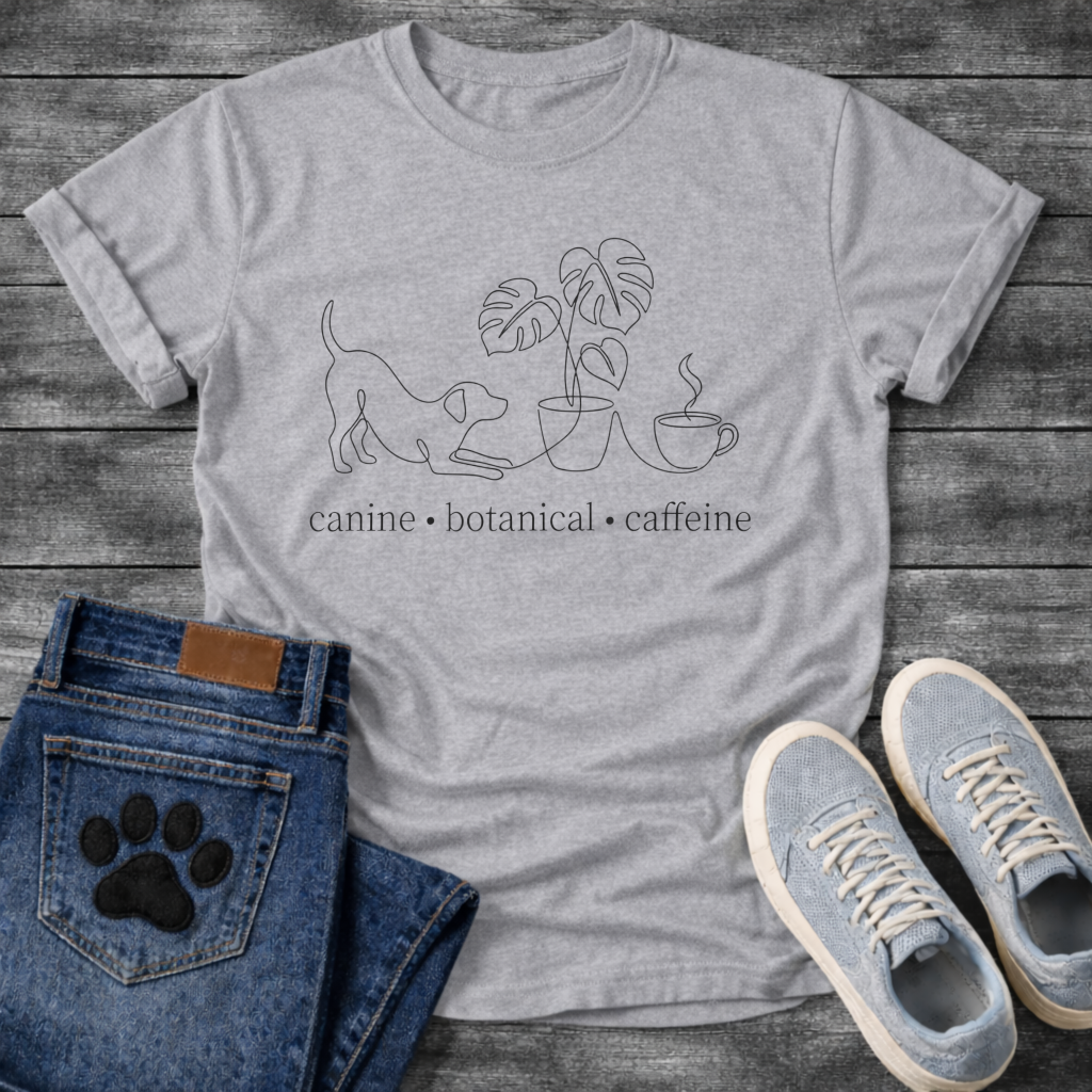 Minimalist canine botanical caffeine dog shirt with line art design for pet lovers