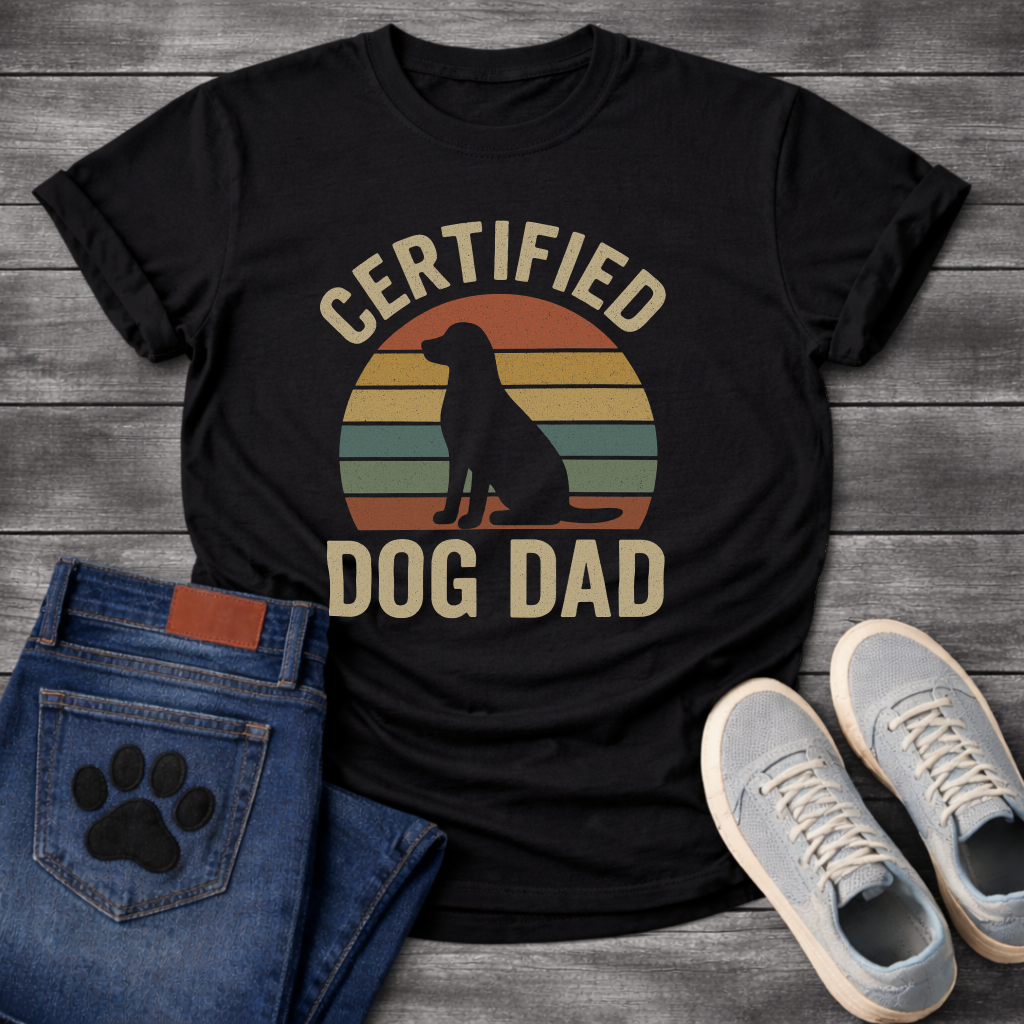 Certified dog dad shirt with retro sunset design for proud dog fathers