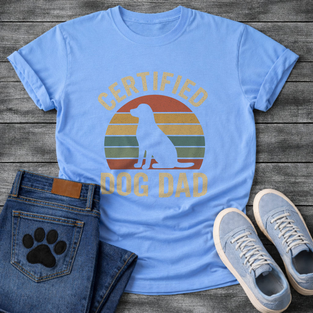 Certified dog dad shirt with retro sunset design for proud dog fathers